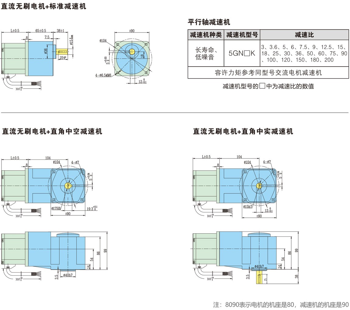 8090系列直流無(wú)刷減速電機(jī)尺寸圖